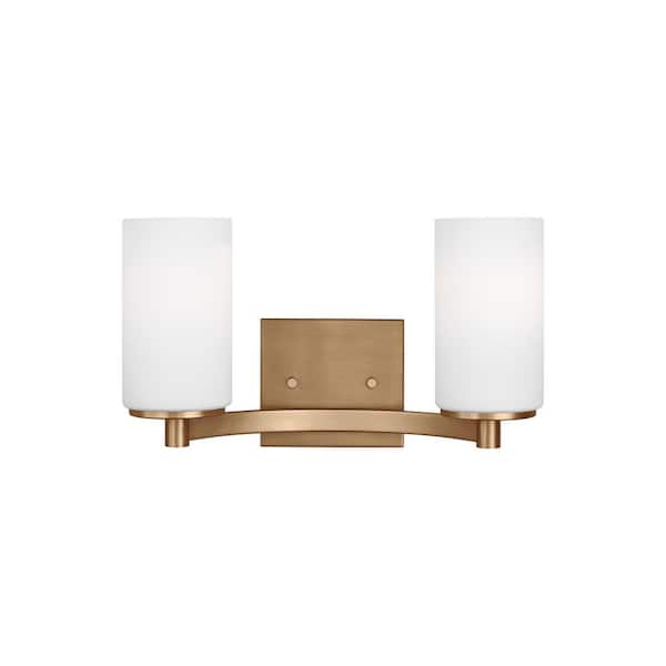 Generation Lighting Hettinger 13.5 in. 2-Light Satin Brass Transitional Contemporary Wall Bathroom Vanity Light with LED Bulbs