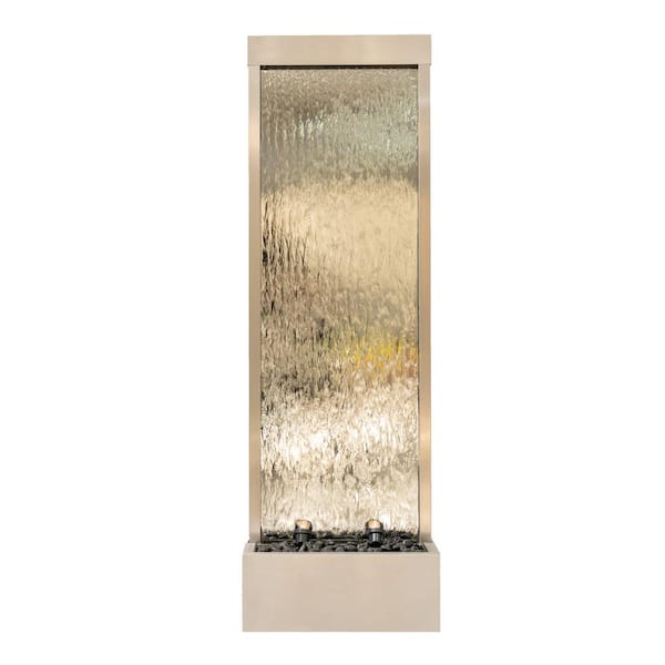 68 in. Freestanding Modern Waterfall Fountain w/ LED Lights, Rocks and Auto Pump, Stainless Steel/Clear Glass