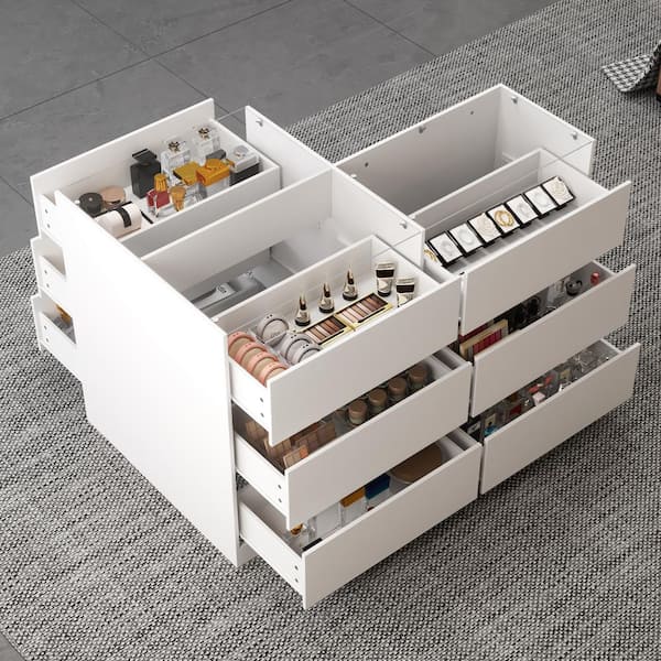 FUFU&GAGA 9-Drawers White Shoe Storage Bench with Seat, Glass Top