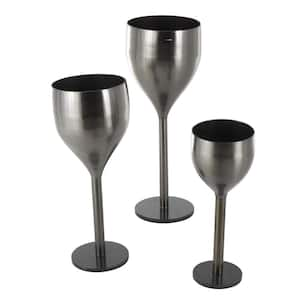 27 in., 23 in., and 32 in. Large Silver Metal Wine Glass Inspired Planter with Black Marble Base (3-Pack)