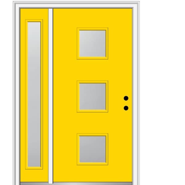MMI Door 53 in. x 81.75 in. Aveline Frosted Left-Hand 3-Lite Modern Painted Fiberglass Smooth Prehung Front Door with Sidelite