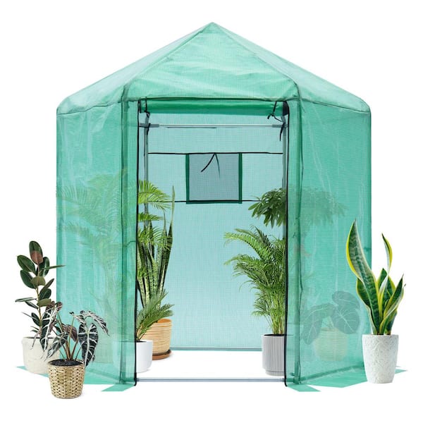 Tunearary 6.9 ft x 6.9 ft x 7.5 ft Outdoor Hexagonal Heavy Duty Walk-in Greenhouse Plastic Reinforced Insulation in Green