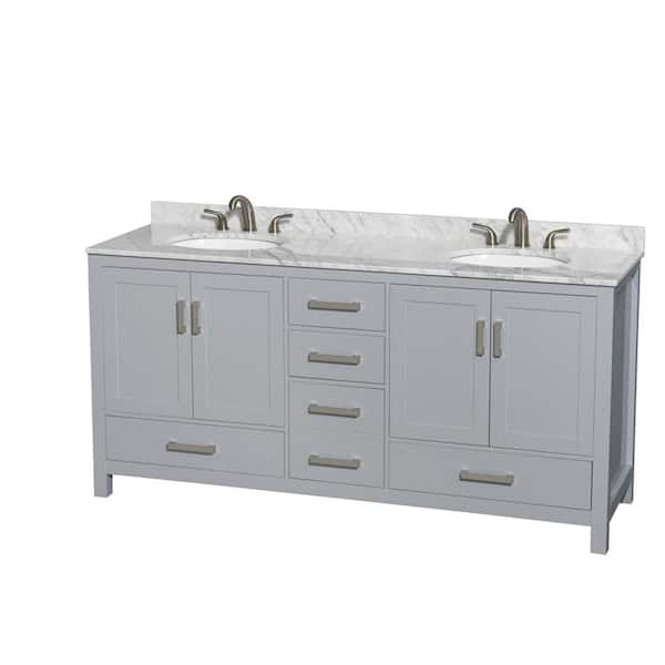 Wyndham Collection Sheffield 72 in. W x 22 in. D x 35 in. H Double Bath Vanity in Gray with White Carrara Marble Top