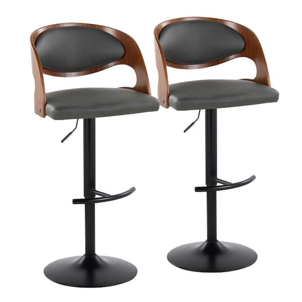 Lumisource Pino 33 in. Grey Faux Leather, Walnut Wood and Black Metal Adjustable Bar Stool with Rounded T Footrest (Set of 2)