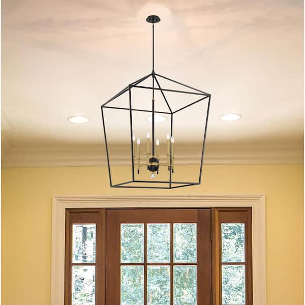 Townhall 6-Light Soft Brass and Black Cage Pendant Light