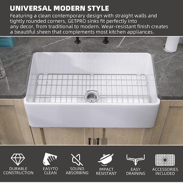 Getpro 33 in. Apron Front Kitchen Sink Single Bowl White