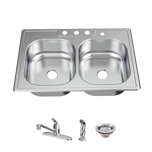 All-in-One Drop-In Stainless Steel 33 in. 4-Hole Double Bowl Kitchen Sink