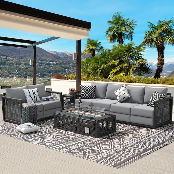 NICESOUL 5 Piece Luxury Gray Wicker Patio Fire Pit Deep Seating