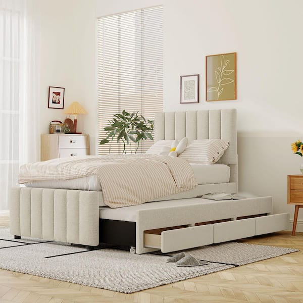Beige Wood Frame Twin Size Linen Upholstered Platform Bed with Trundle, 3-Drawers and Height Adjustable Headboard