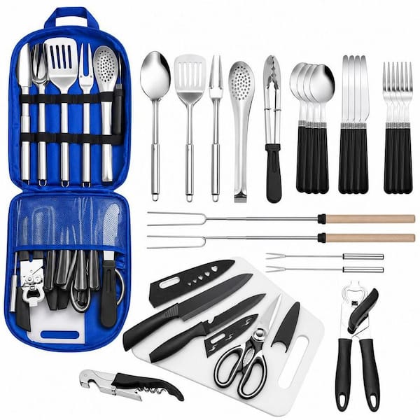 27-Piece Stainless Steel Outdoor Cookware Set in Blue, Portable Camping Kitchen Utensil Set, Grilling Utensil Set