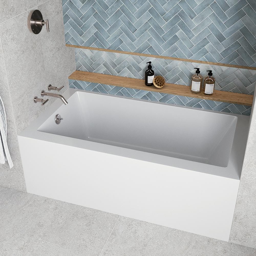 Glossy White Acrylic Right-Hand Drain Alcove Bathtub with Brushed Nickel External Drain