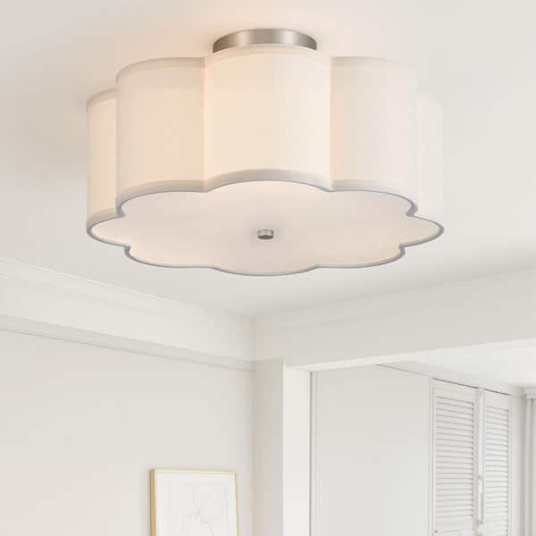 16 in. 3-Light Nickel LED Semi-Flush Mount Ceiling Light Fixture with Petal Fabric Shade E26 Bases