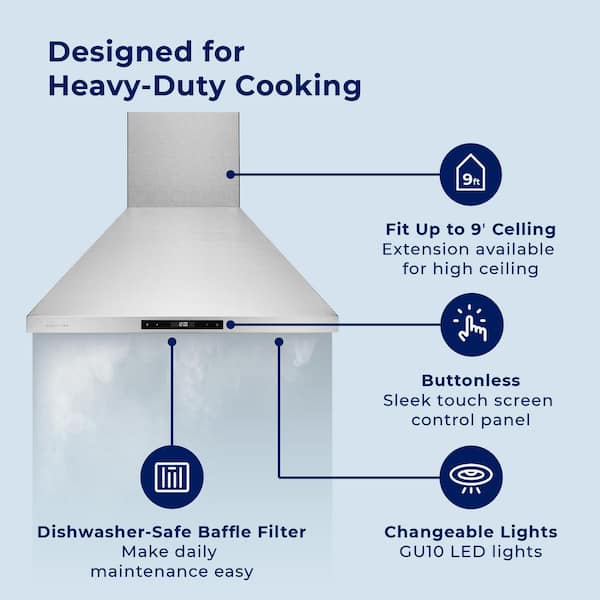 HAUSLANE 36 in. Convertible Wall Mount Range Hood with Changeable LED Touch Control Baffle Filters in Stainless Steel WM-538SS-36