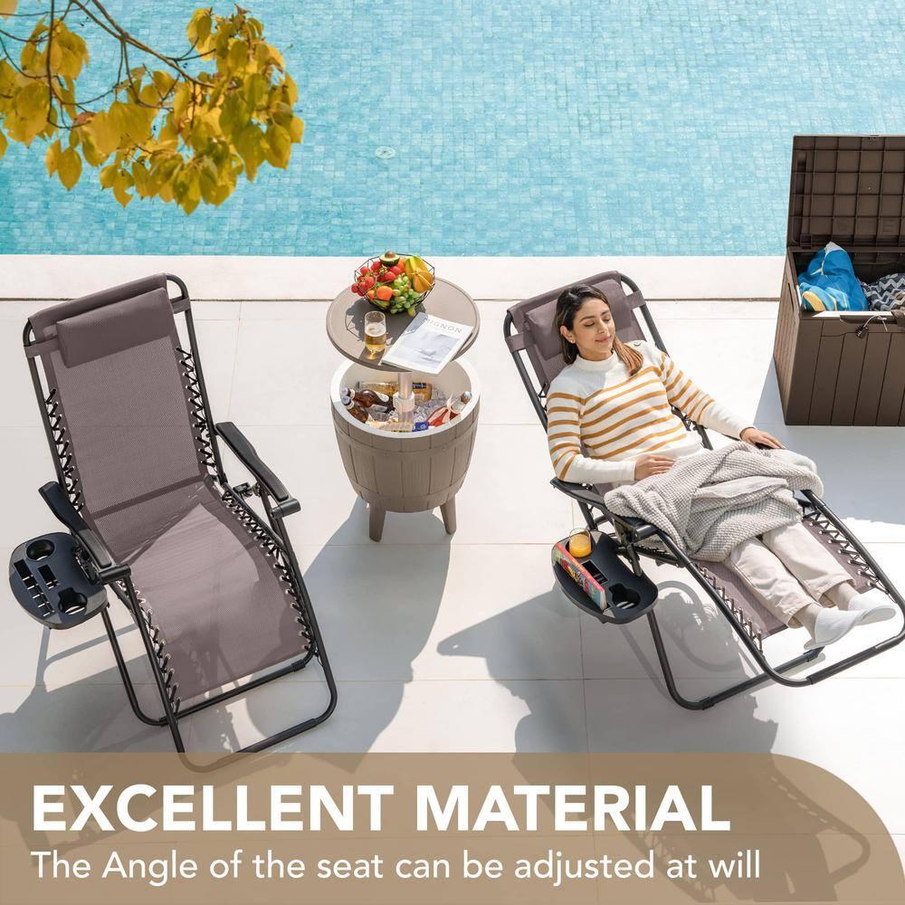 Brown Metal Zero Gravity Outdoor Lounger with Cushions and Arms