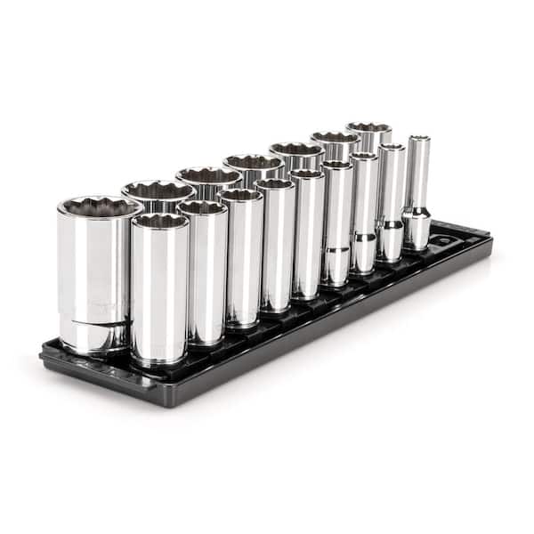 TEKTON 1/2 in. Drive Deep 12-Point Socket Set with Rails (3/8 in.-1-5/16 in.) (16-Piece)