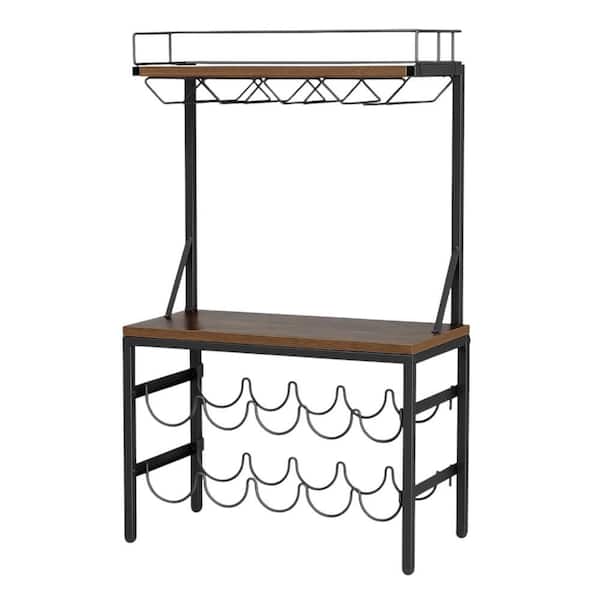 Black Retro Brown Freestanding Floor Standing Wine Glass Rack with 8 Bottle Storage and Tabletop Organizer