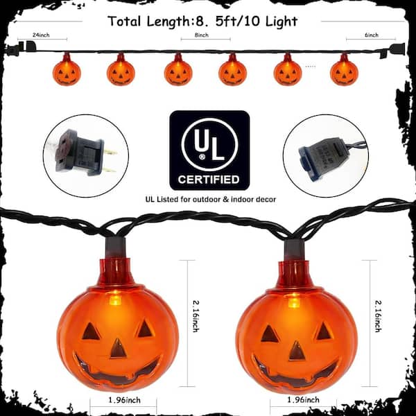 8.5ft Halloween pumpkin lights, 10 clear orange LED bulbs