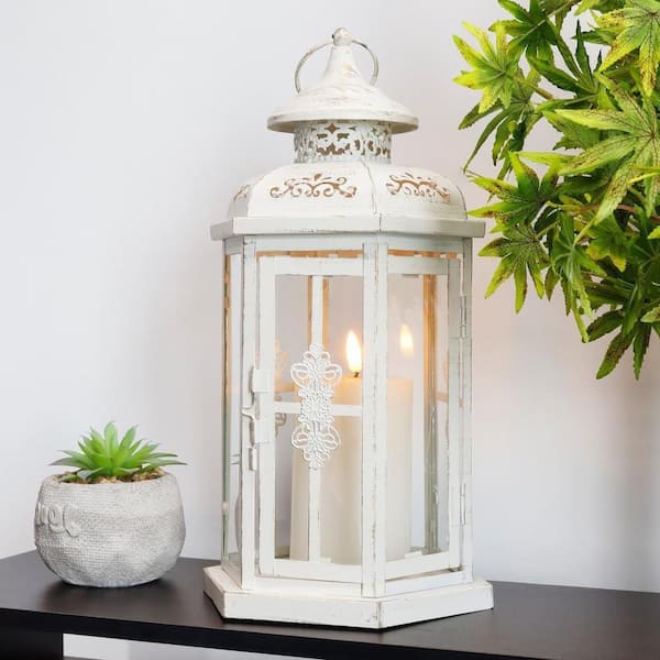 12 in. x 6 in. White Metal Vintage Lantern without Candle