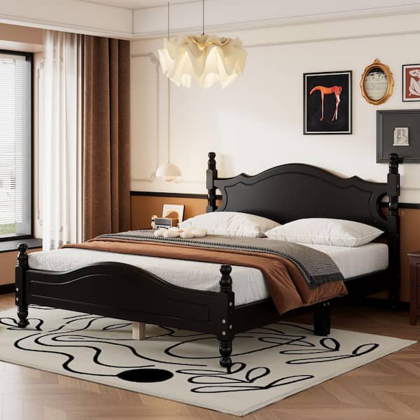 Wilona Black Wood Frame Queen Size Platform Bed with Retro Headboard and Extra Support Legs