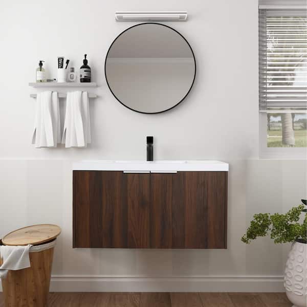 FUNKOL 36 in. W Float Mounting Bathroom Vanity with White Sink and Top，in Brown, Modern or Simplicity