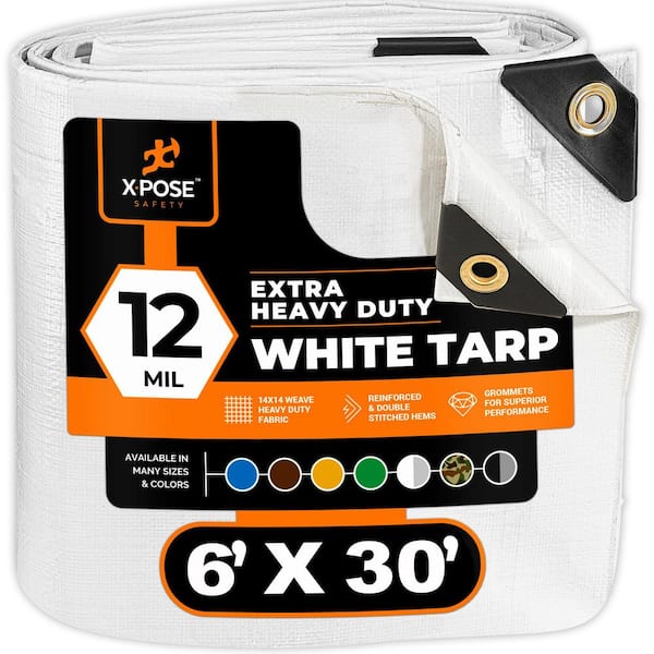 Heavy Duty White Poly Tarp 6 ft. x 30 ft. Multipurpose Protective Cover Durable Extra Thick 12 Mil Polyethylene