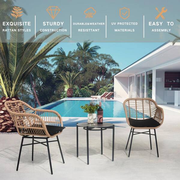 moda furnishings 3 Piece Steel Patio Outdoor Bistro Set With Wicker Chairs And Round Table with Black Cushions DJ W2337P180765