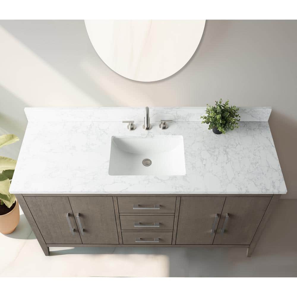 60'' Driftwood Gray MDF Single Sink Freestanding Bathroom Vanity with Engineered Marble Top