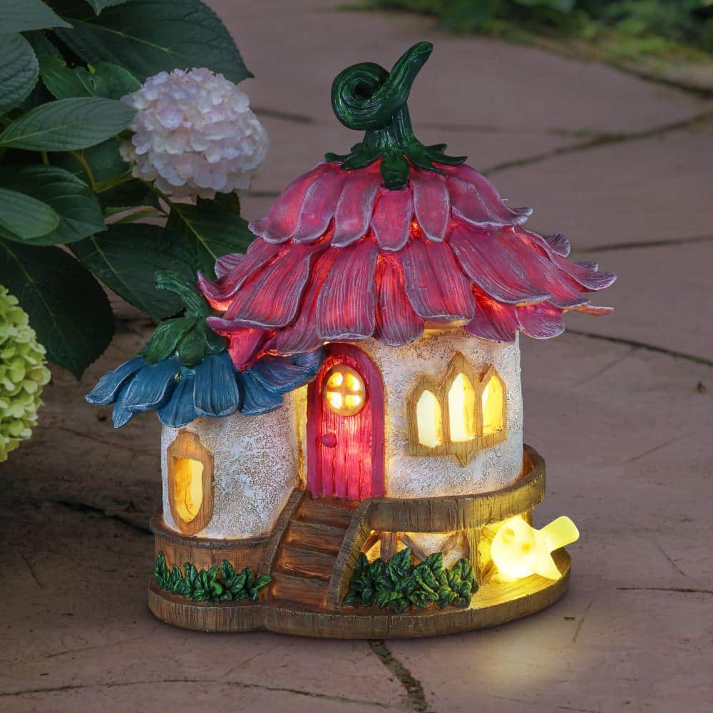Solar Pink and Blue Daisy Petal Roof Fairy House Garden Statue