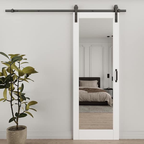 30 in. x 84 in. 1-Lite Mirrored Glass White Primed MDF Wood Sliding Barn Door with Hardware Kit
