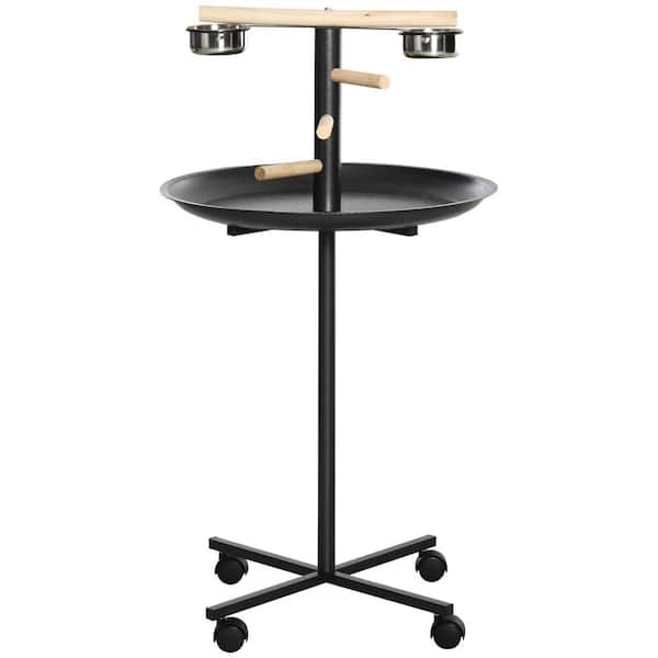 Grey Steel Bird Feeder, Portable Bird Play Stand with 4-Wheels, Stainless Steel Feeding Bowls and Round Tray