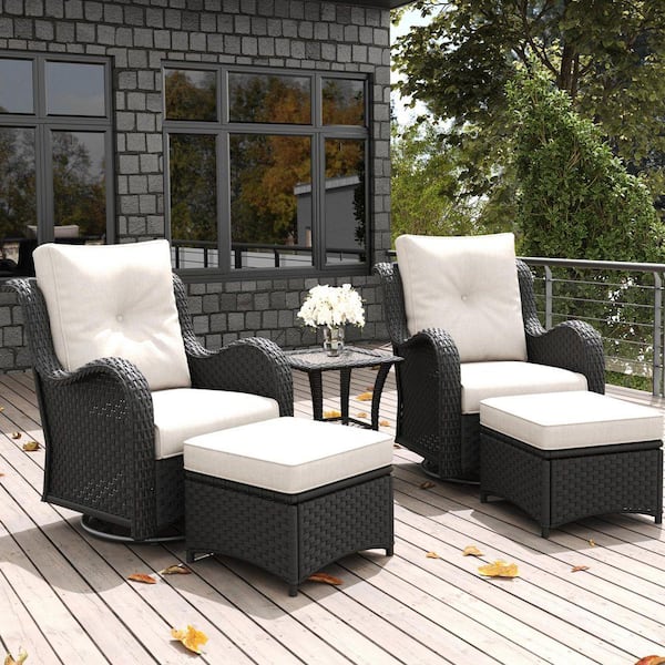 5-Piece Wicker Outdoor Patio Conversation Seating Set with Swivel Rocking Chair and Beige Cushions