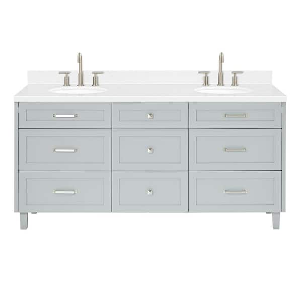 Monroe 72 in. Double Sink Freestanding Bathroom Vanity in Gray with Carrara White Quartz Top