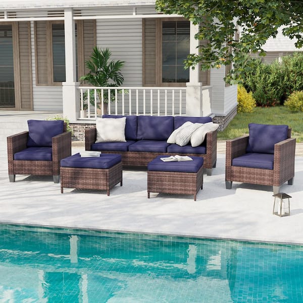 5-Piece Outdoor Furniture Set, All-Weather PE Brown Rattan Wicker Movable Sofa Sets, Soft Cushions, Navy Blue