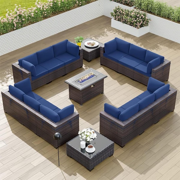 Halmuz 15-Piece Wicker Patio Conversation Set with 55000 BTU Gas Fire Pit Table and Glass Coffee Table and Navy Cushions
