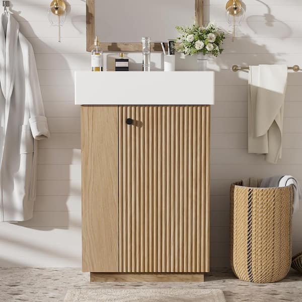 21.6 in. Freestanding Brown Bath Vanity with White Ceramic Top Open and Closed Storage