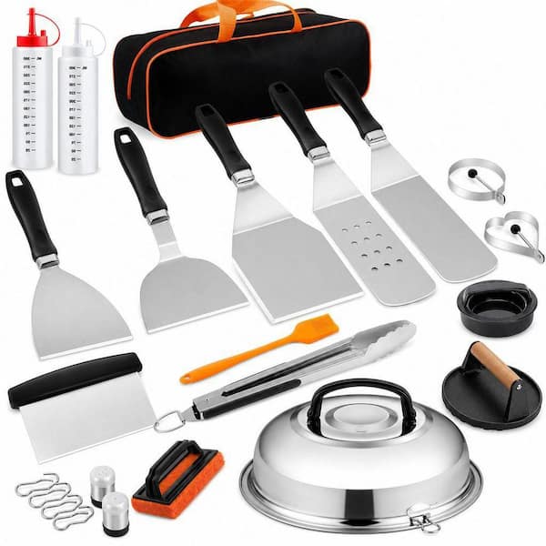 27-Piece Stainless Steel Griddle Kit, Hibachi Flat Top Grill Specialty Tool with Basting Cover, Burger Press Patty Maker