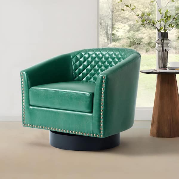Green PU Leather Upholstered 360°Swivel Arm Chair with Nailhead Trim (Set of 1)