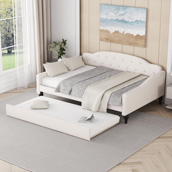 Beige Yellow Full Upholstered Tufted Daybed with Trundle