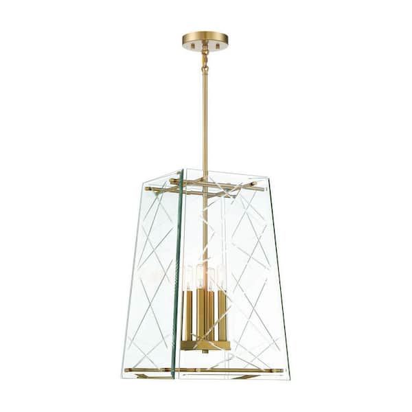 Savoy House Kole 14 in. W x 21 in. H 4-Light Warm Brass Statement Pendant Light with Clear Glass Shade