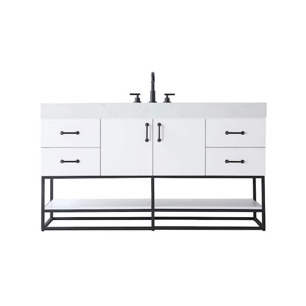 60 in. Single Sink White Bath Vanity with White Engineered Marble Top