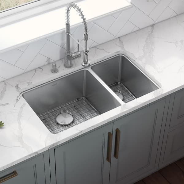 Ruvati Parmi Undermount 32.25-in x 18.875-in Brushed Stainless Steel Double  Offset Bowl Kitchen Sink in the Kitchen Sinks department at