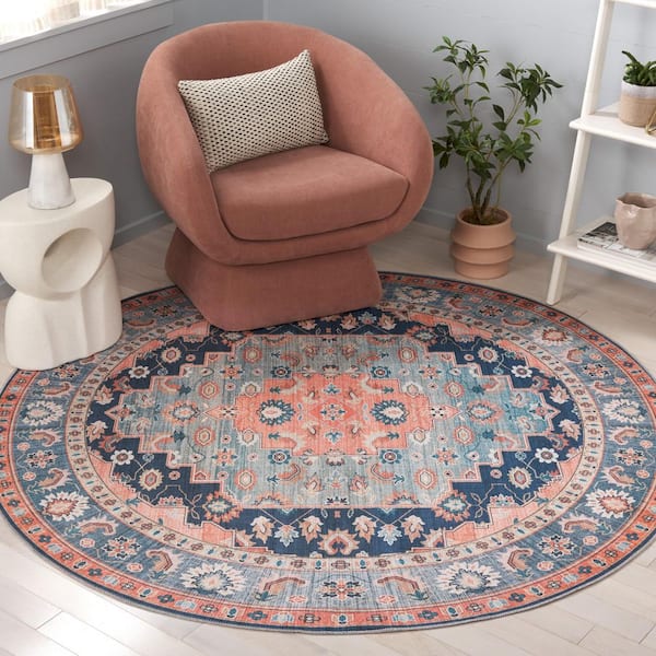 Arizona 6 ft. x 6 ft. Blue/Rust Machine Washable Floral Border Medallion Round Area Rug