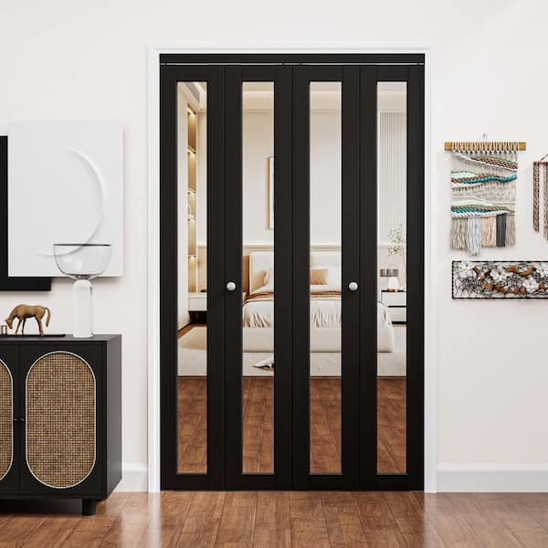 48 in. x 80 in. 1-Lite Mirrored Glass and Solid Core Black Finished Close MDF Bi-Fold Door with Hardware