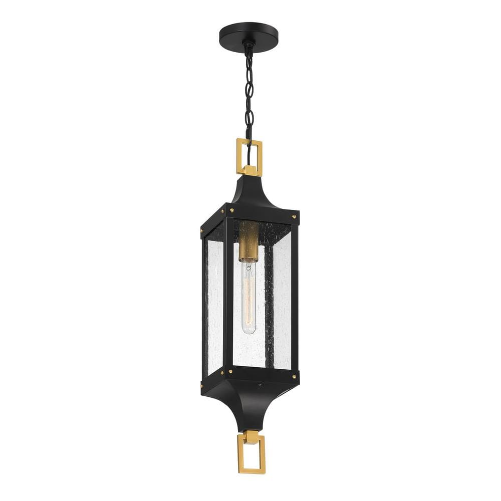 Matte Black and Brass Outdoor Pendant with Seeded Glass Shade