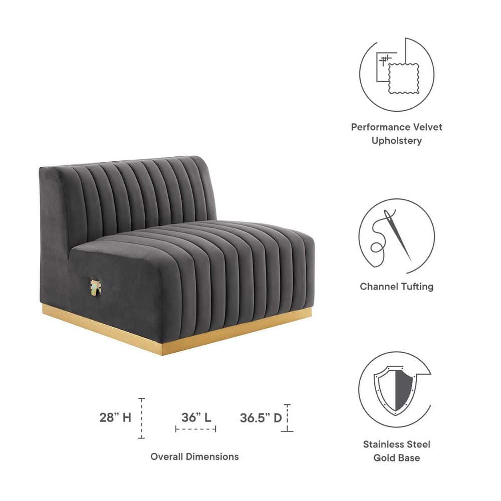 Gold Gray Velvet Slipper Chair with Channel Tufting