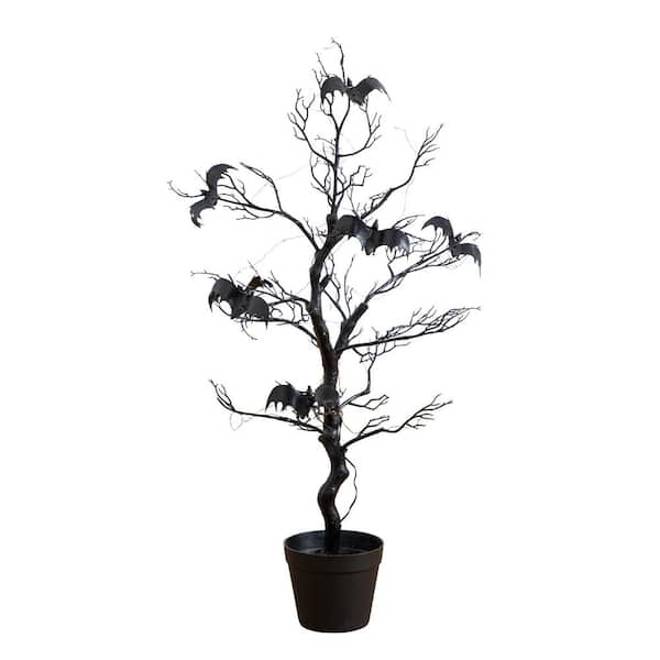 3ft. Pre-Lit Artificial Halloween Black Spooky Twig Tree with Bats and 100 Orange and Purple LED Lights