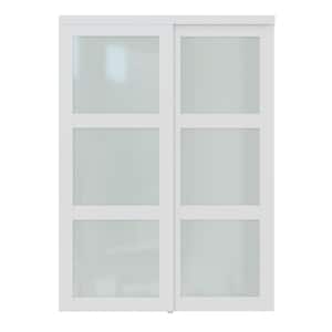 60 in. x 78.58 in. Glass White 3-Lites Frosted Primed MDF Sliding Door with Hardware Kit