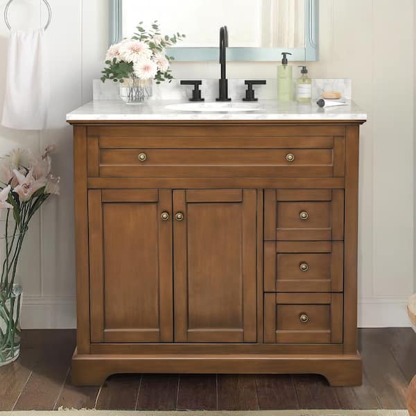 Washington 36 in. W x 21.5 in. D x 35 in. H Single Sink Freestanding Bath Vanity in Brown with White Carrara Marble Top