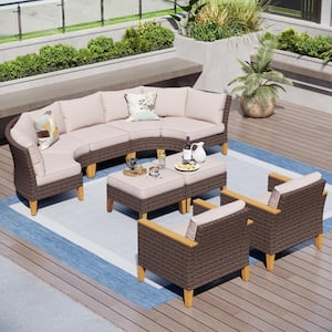Brown Rattan Wicker 9 Seat 9-Piece Steel Outdoor Patio Conversation Set with Beige Cushions