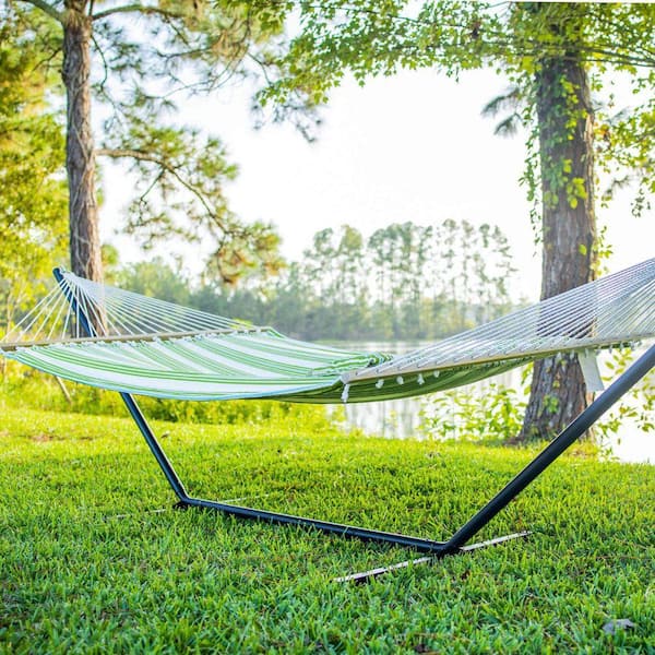 12 ft. Free Standing, 475 lbs. Capacity, Heavy-Duty 2-Person Hammock with Stand and Detachable Pillow in Green and Beige